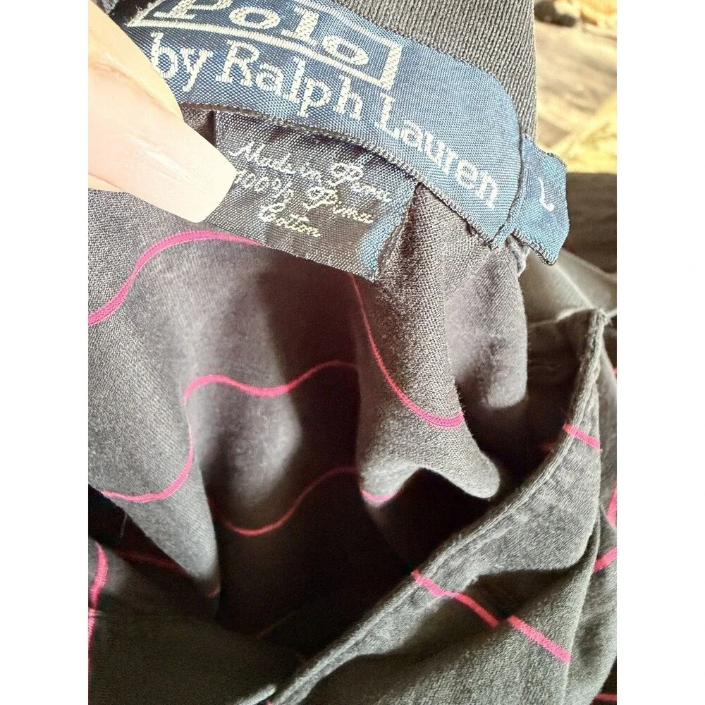 Vintage Men’s Polo Ralph Lauren Pink Strip Navy Polo Shirt Size L 90s